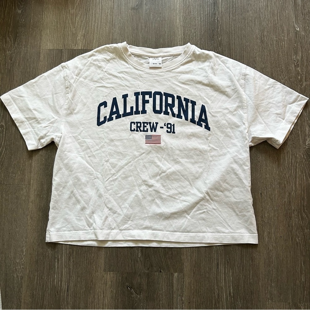 Zara White and Blue California American Flag Crew Crop Top